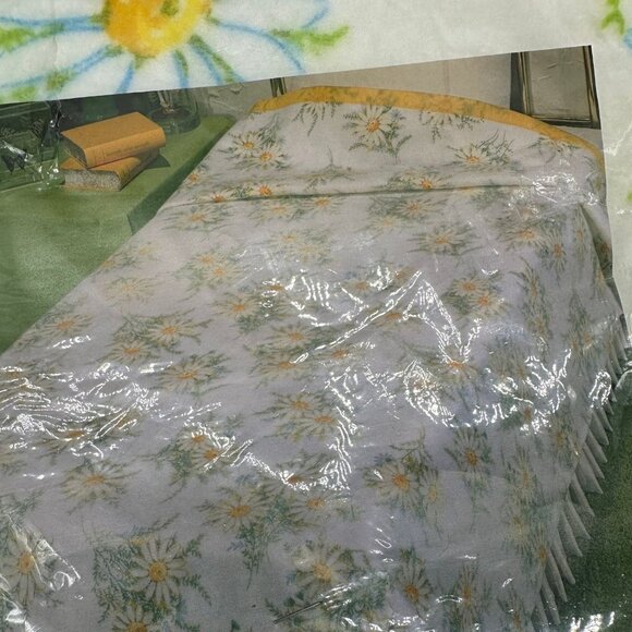 Vintage Full Sized Blanket Satin Style Trim Daisy Flowers Beacon USA Blue 1970s - Picture 5 of 10